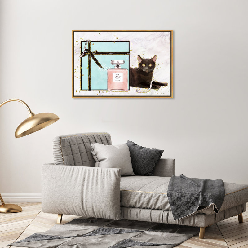 Cat Glam Blue Box - impression sur toile, H 24 po x l 36 po, Cadre flottant doré