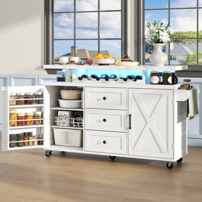 55" Kitchen Rolling Island With 3 Drawers & Wine Rack