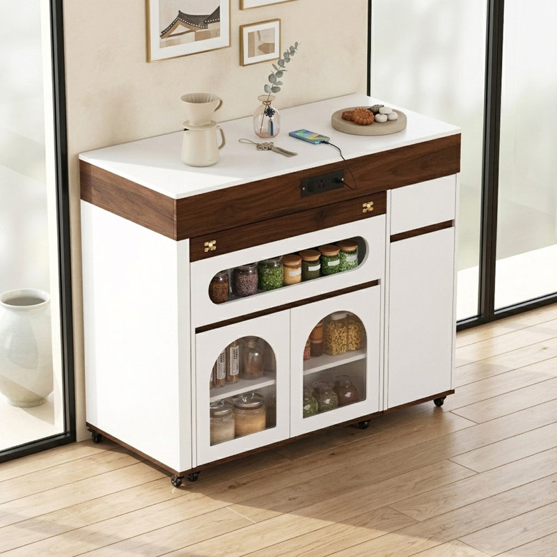 Extendable Rolling Kitchen Island With Drawers And Power Outlet And Storage Cabinet, White/Brown