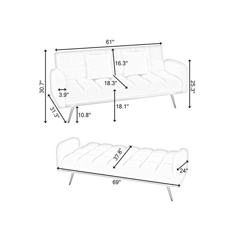 69" Teddysquare Arm Convertible Sofa, Pink