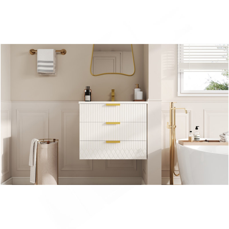 Armoire murale suspendue 24 po avec tiroir double, petit lavabo de salle de bain rectangulaire flottant avec trou de robinet simple et trop-plein, armoire de salle de bain moderne avec lavabo en céramique
