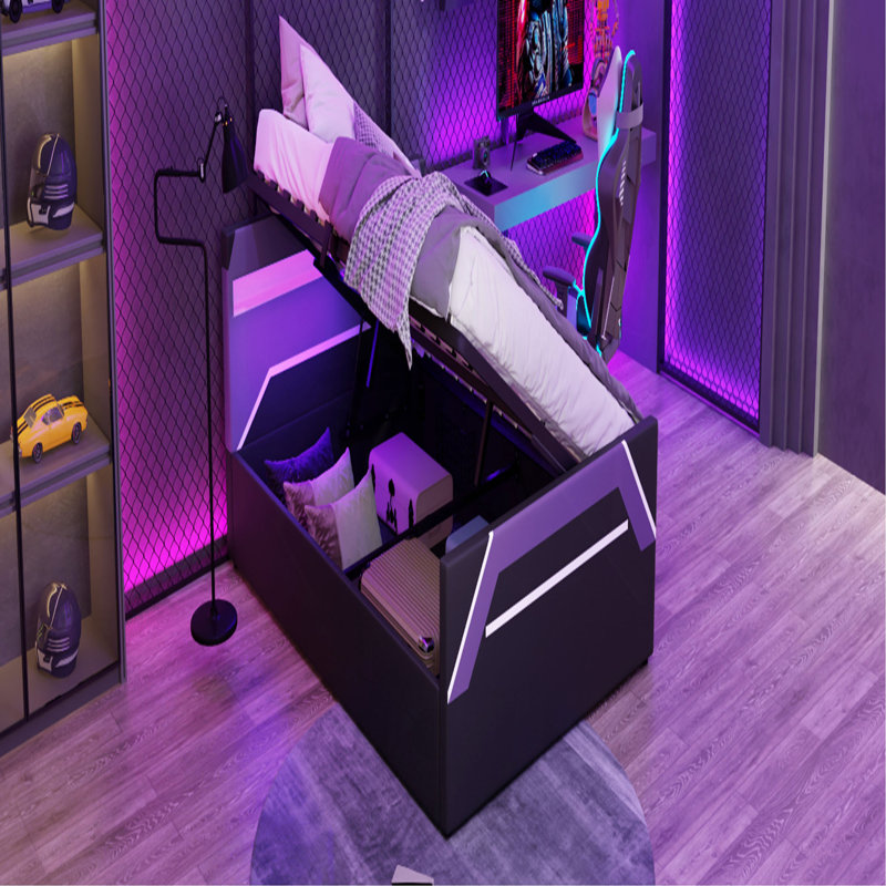Grand lit de jeu avec tête de lit à DEL intégrée à 7 couleurs, lit plateforme de rangement hydraulique à levage latéral, style Cyberpunk