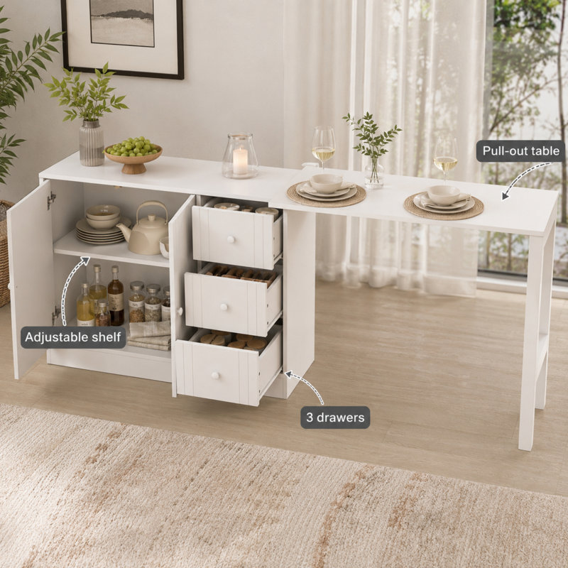 MDF Extendable Sideboard With Pull Out Dining Table Storage For Kitchen Living Room Foyer Study