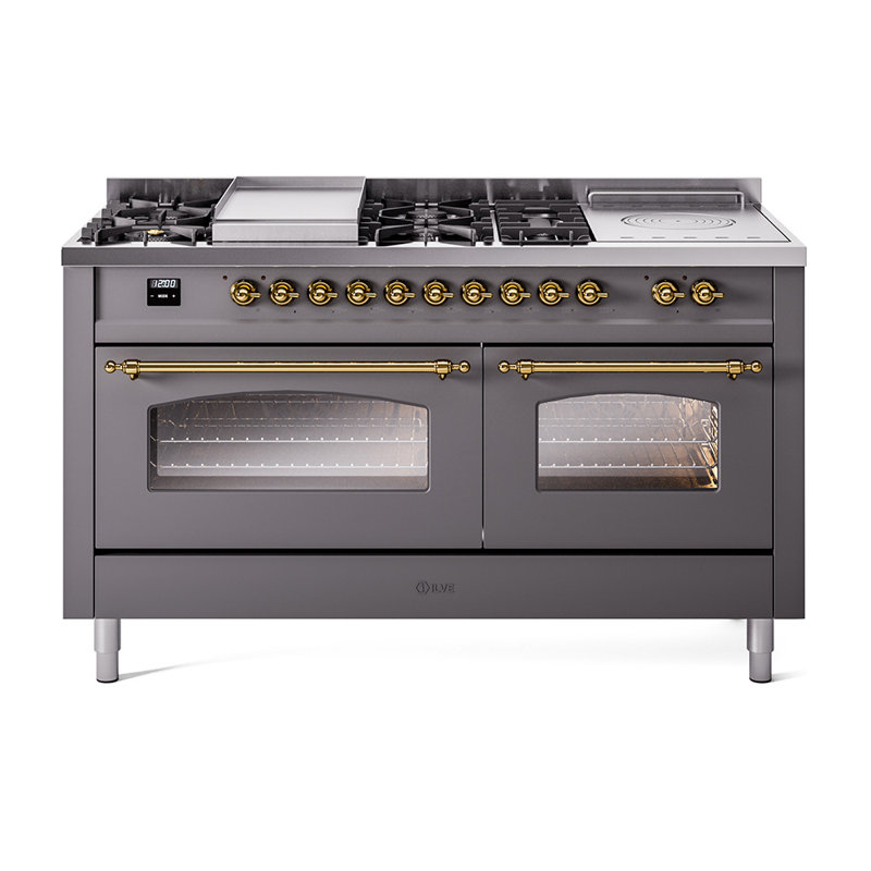 ILVE Nostalgie II Series 60 inch Dual Fuel Range with 5 Sealed Burners, Griddle, Frenchtop (Glass Door), Graphite Matte/Brass