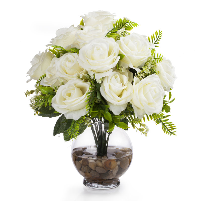 Arrangement floral 18 têtes de roses en soie dans un vase, Crème