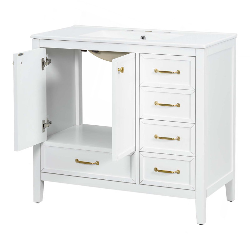 Meuble-lavabo 36 po avec lavabo et porte à fermeture en douceur, 4 tiroirs de différentes tailles, structure et pieds en bois massif