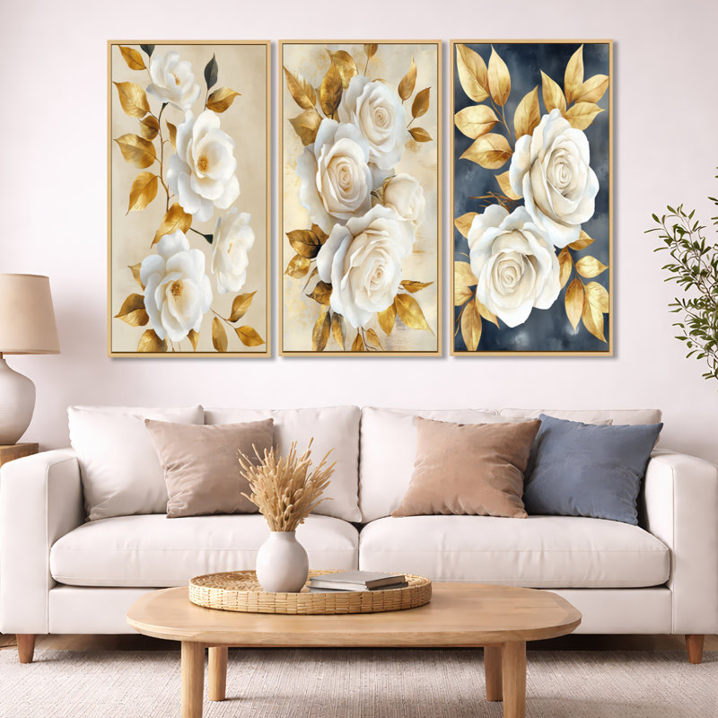 «White Roses with Golden Leaves - Roses», art mural 3 pièces, Cadre flottant en bois naturel, H 32 po x l 48 po