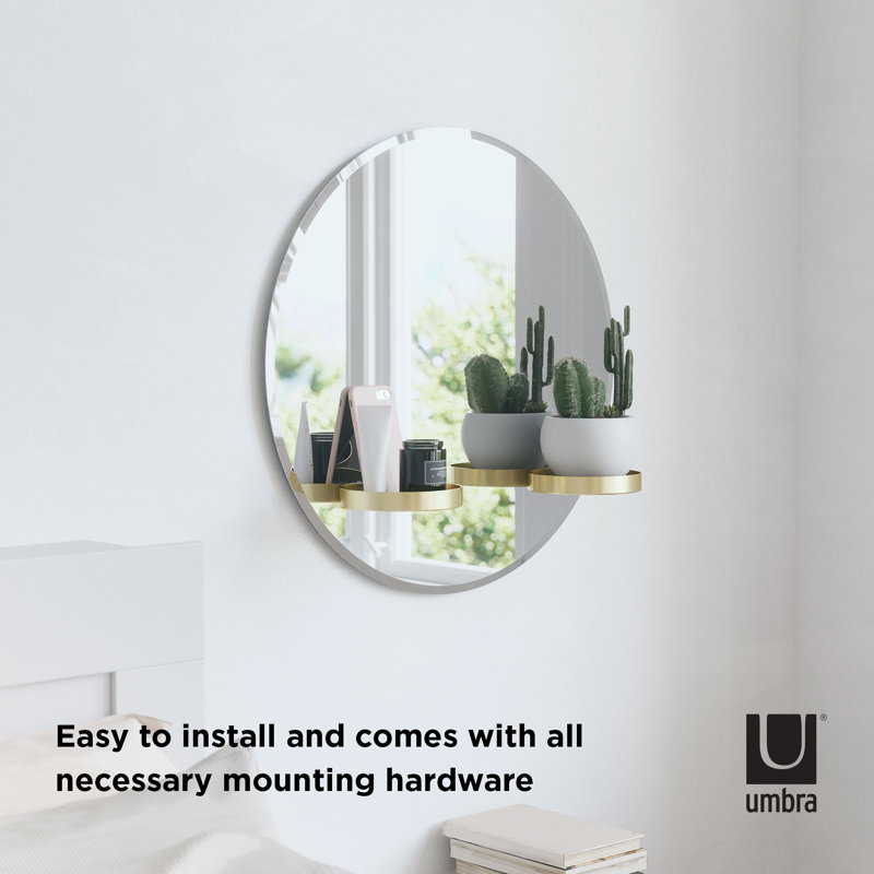 Frameless Round Wall Mirror with Brass Shelves