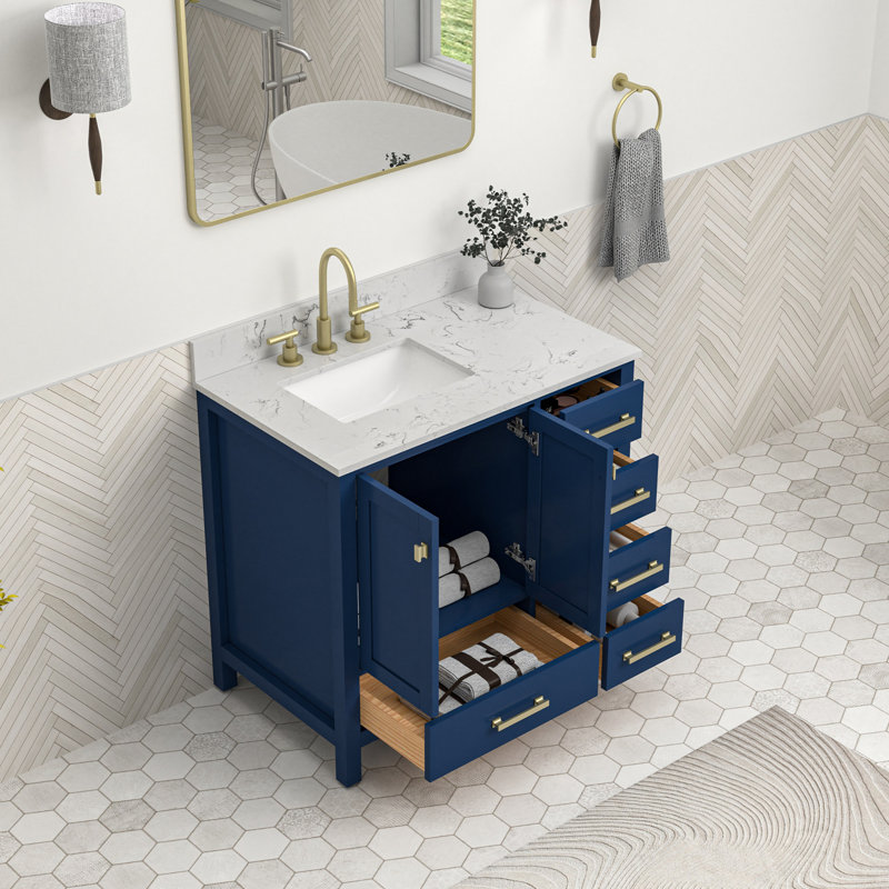 Meuble-lavabo autoportant 36 po avec plateau en marbre 36 po, Bleu / doré brossé