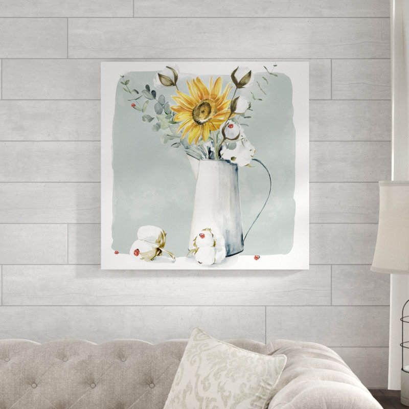 «Cotton Bouquet I», peinture sur toile, H 13,125 po x l 13,125 po, Cadre argenté
