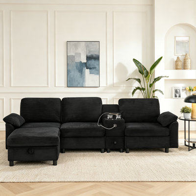 Canapé modulaire moderne en L avec rangement tout-en-un, poches d'accoudoirs de rangement latérales, console centrale avec porte-gobelet, repose-pieds avec rangement relevable, siège confortable à plusieurs places - noir