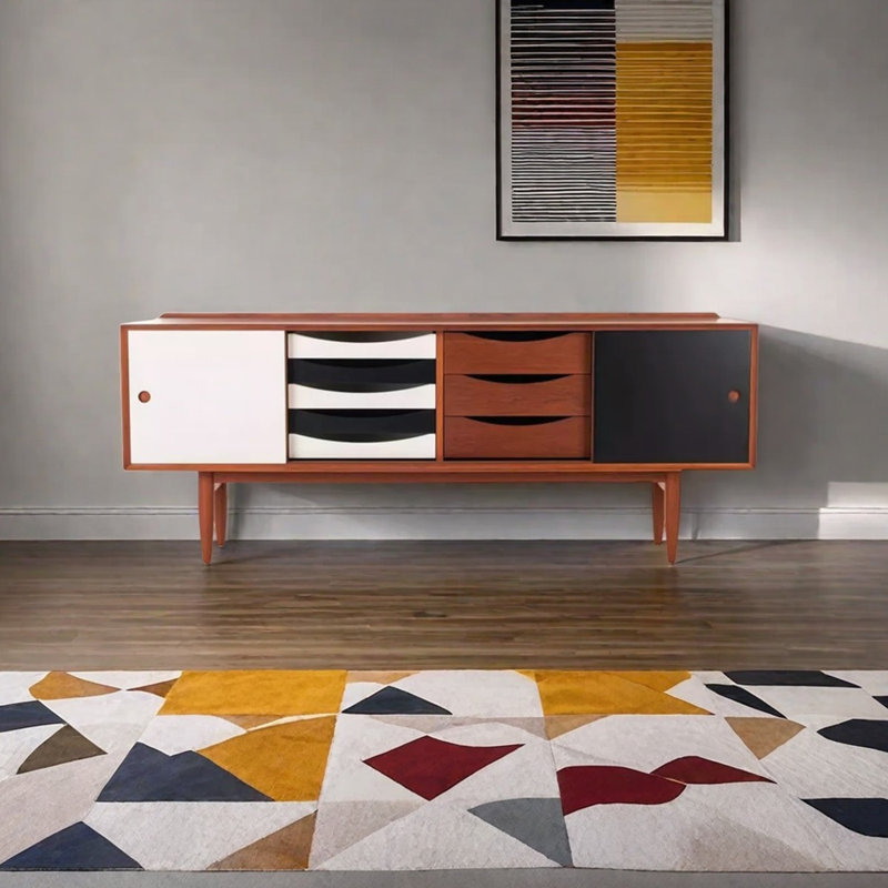 Meuble télé minimaliste en bois massif avec grand rangement, Noir/brun/blanc, 70.86"