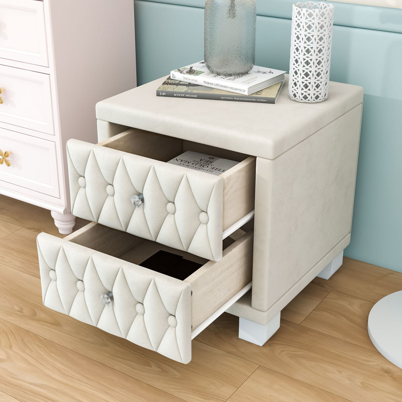 Table de chevet rembourrée avec 2 tiroirs et poignée en cristal, Beige