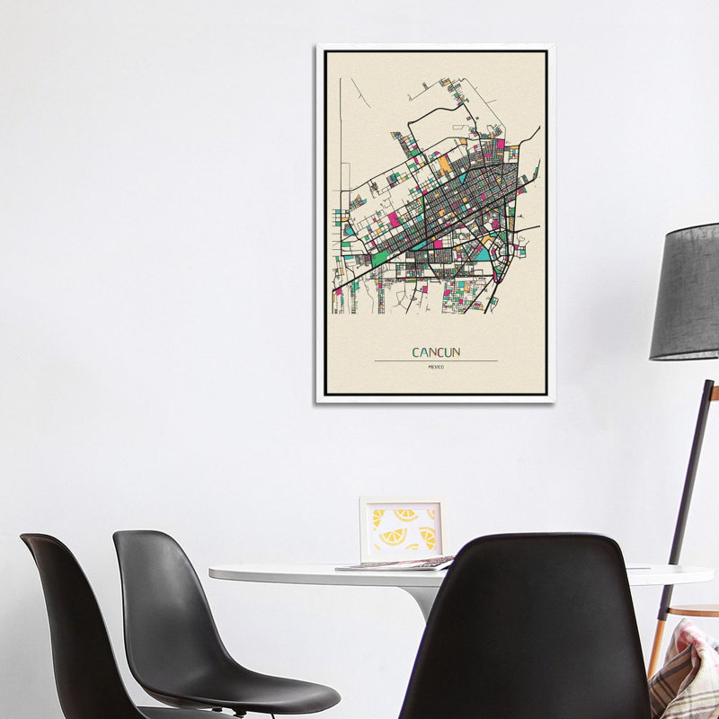 Cancun, Mexico Map by Ayse Deniz Akerman - Floater Frame Print on Canvas