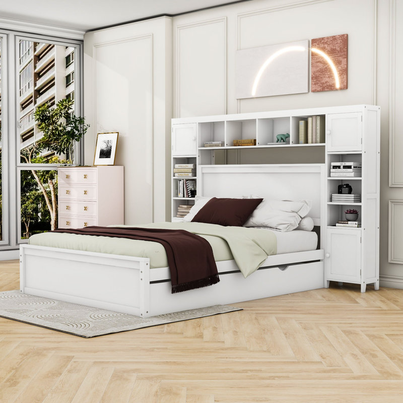 Wooden Platform Bed With 2 Drawers and Trundle and Cabinet, Full, White