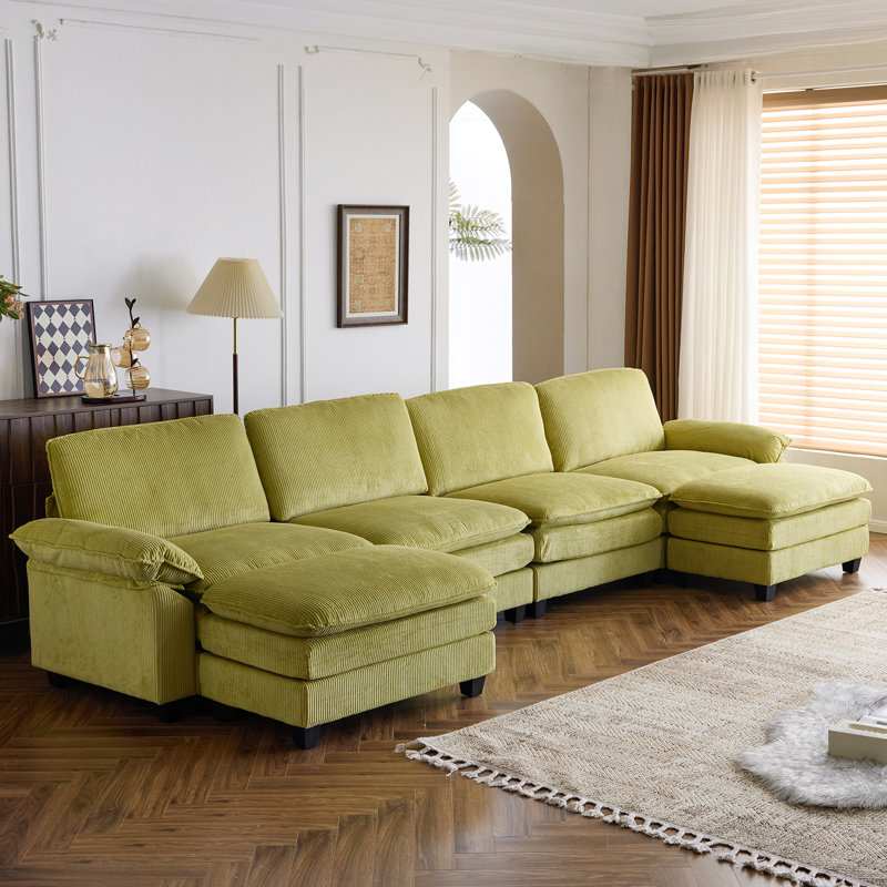 Latitude Run® 4-Seat Sectionals With 2 Ottoman, Green Corduroy