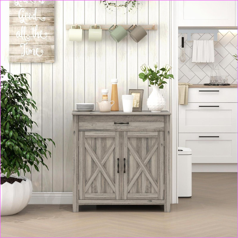 Sideboard Farmhouse Gray Wash Buffet Cabinet with Barn Doors, Drawer &amp; Adjustable Shelf | MDF | Particleboard, Gray Wash