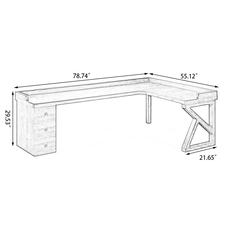 Bureau en bois massif brun en forme de L avec 3 tiroirs, H 29,53 po x l 78,74 po x P 55,12 po, Retour à droite