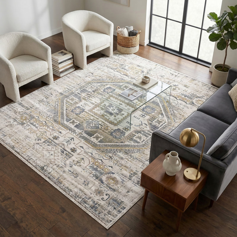 Boho Vintage Fringe Area Rug In Cream/Beige/Gray/Yellow/Blue Carpet For Living Room, Bedroom, Hallway Runner