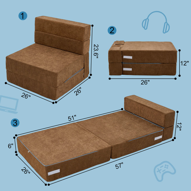 Portable Folding Floor Sofa Bed Chair, 3-In-1 Convertible Floor Futon Mattress, Brown