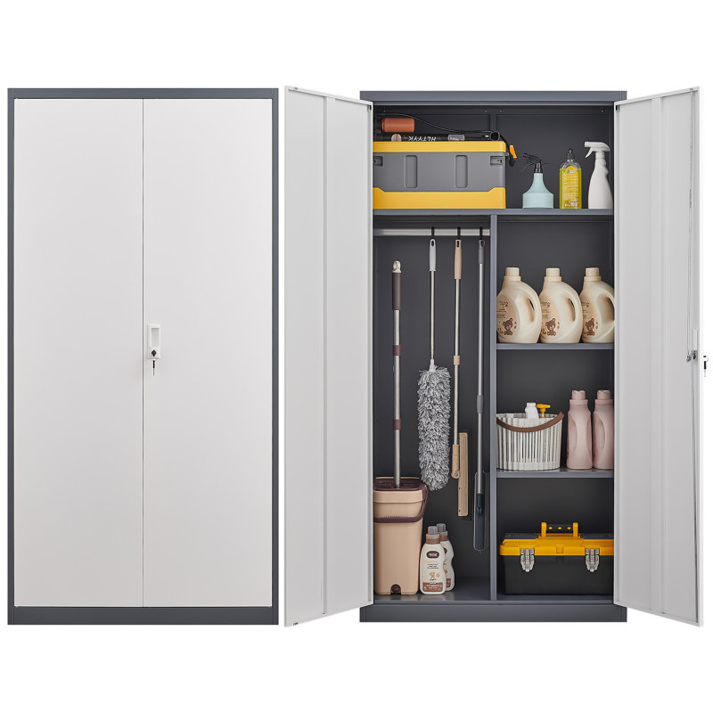 Armoire grande capacité en métal gris avec tringle et compartiments