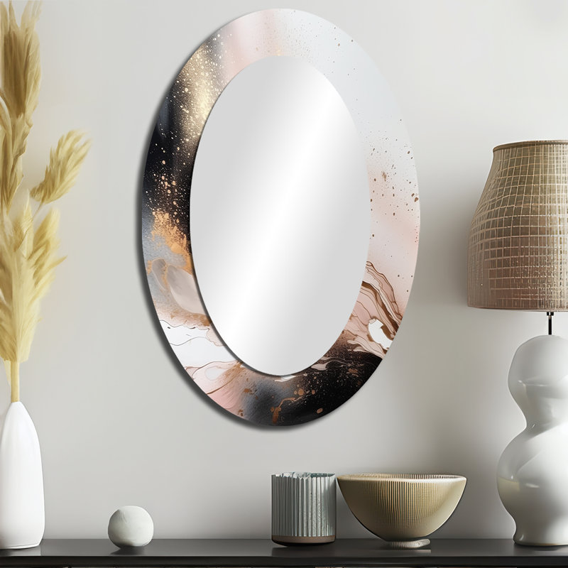 Black Gold Marble Texture - Abstract Oval Decorative Mirror On Metal, 36" x 24"