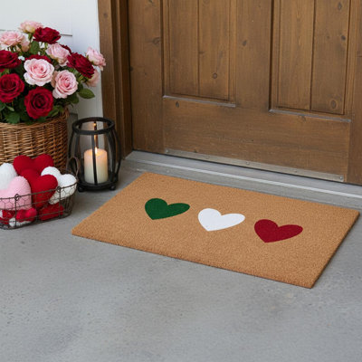 24" X 36" Brown Green White And Red Three Hearts Outdoor Coir Door Mat
