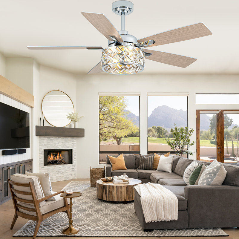 52" Modern Large Crystal Ceiling Fan with Light Kit and Remote 6-speed Reversible Motor