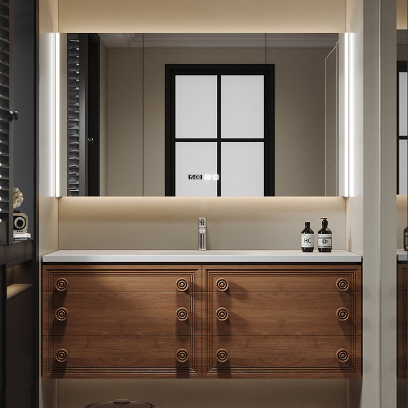 Armoire de salle de bain brune de style rétro français., H 21,7 po x l 47,2 po x P 20,5 po