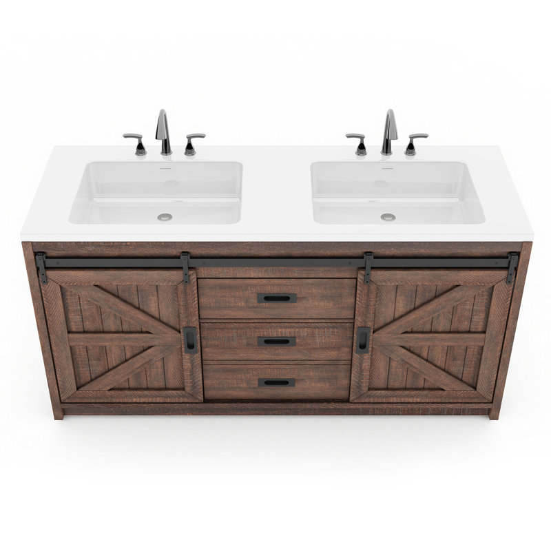 Ensemble de meuble-lavabo double en bois manufacturé 2 tiroirs 2 portes Chimira, 33.7" H x 60" W x 21.7" D, Brun rustique