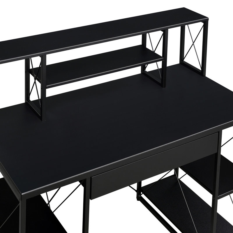 Bureau noir avec tablettes ouvertes et rangement pratique avec 1 tiroir et 8 compartiments