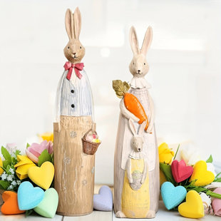 Ensemble de 2 décorations de lapin de Pâques, couple de lapins tenant un panier et une carotte, statue artisanale peinte à la main, figurine de lapin de Pâques au printemps (ensemble de 2)