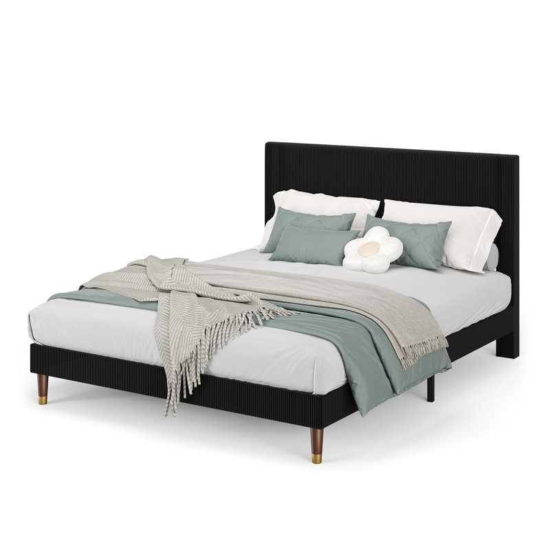 Platform Bed Frame with Headboard, Comfy Corduroy Upholstered Bed Frame with Wooden Slats Support, No Box Spring Needed, Full