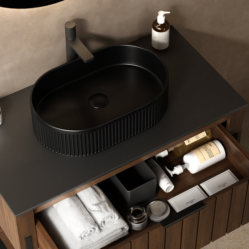 Lavabo de salle de bain ovale en céramique 20 po noir, sans armoire