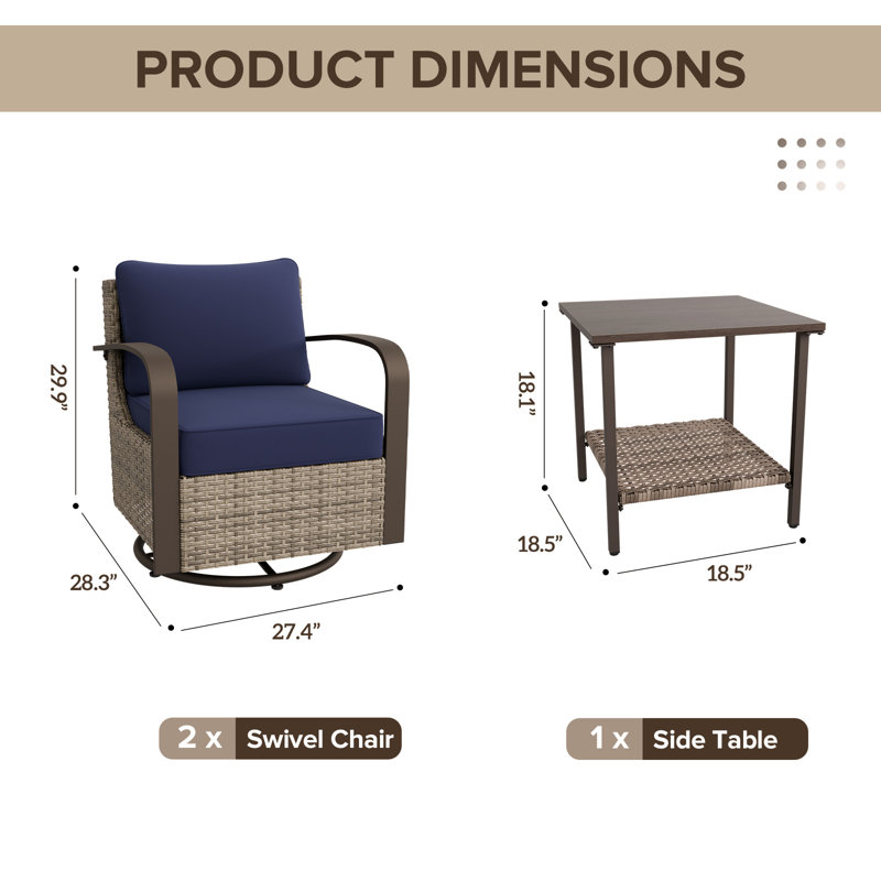 2 - Person Outdoor Wicker Swivel Rocker Chair Seating Group with Cushions, Blue
