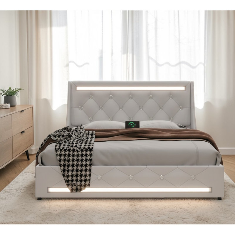 Structure de lit tapissier blanc grand avec lumières DEL et station de charge, Blanc, Grand lit