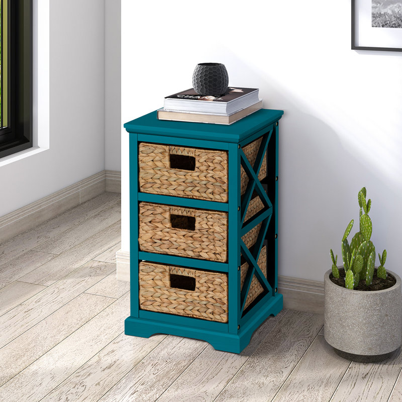 Backman Solid Wood 3 - Drawer X-Side Square End Table with 3 Wicker Storage Baskets, Teal, Teal