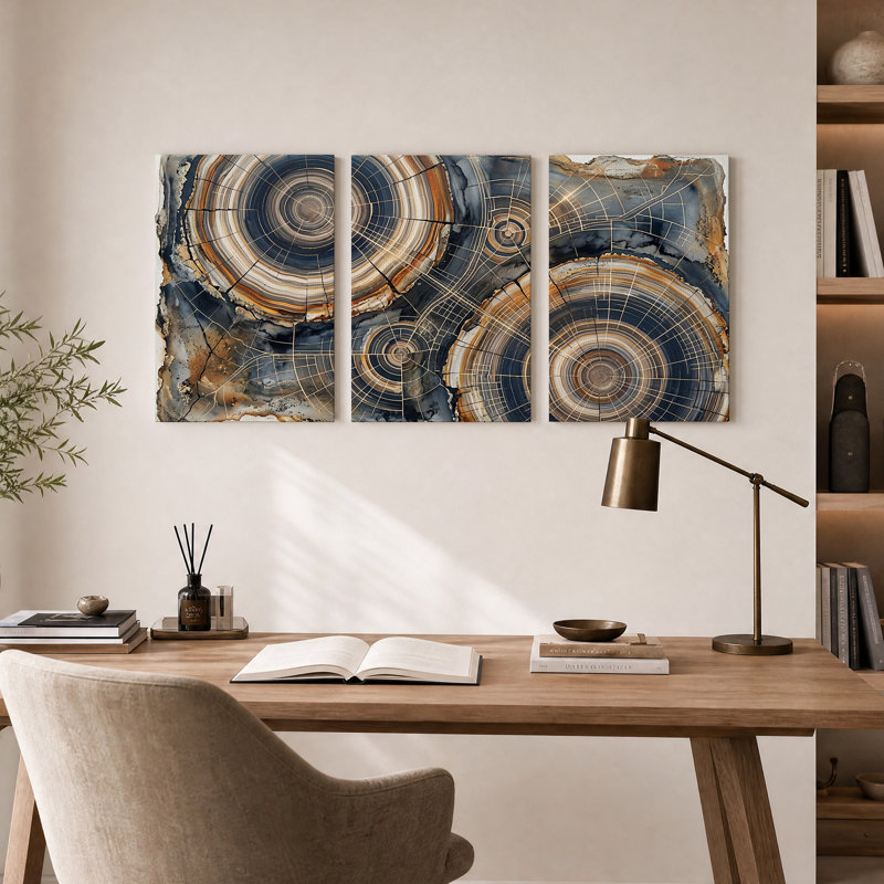 Ensemble de 3 toiles murales à motif géométrique d'anneaux d'arbre bleus et dorés, 30"H x 20"W x 3pcs