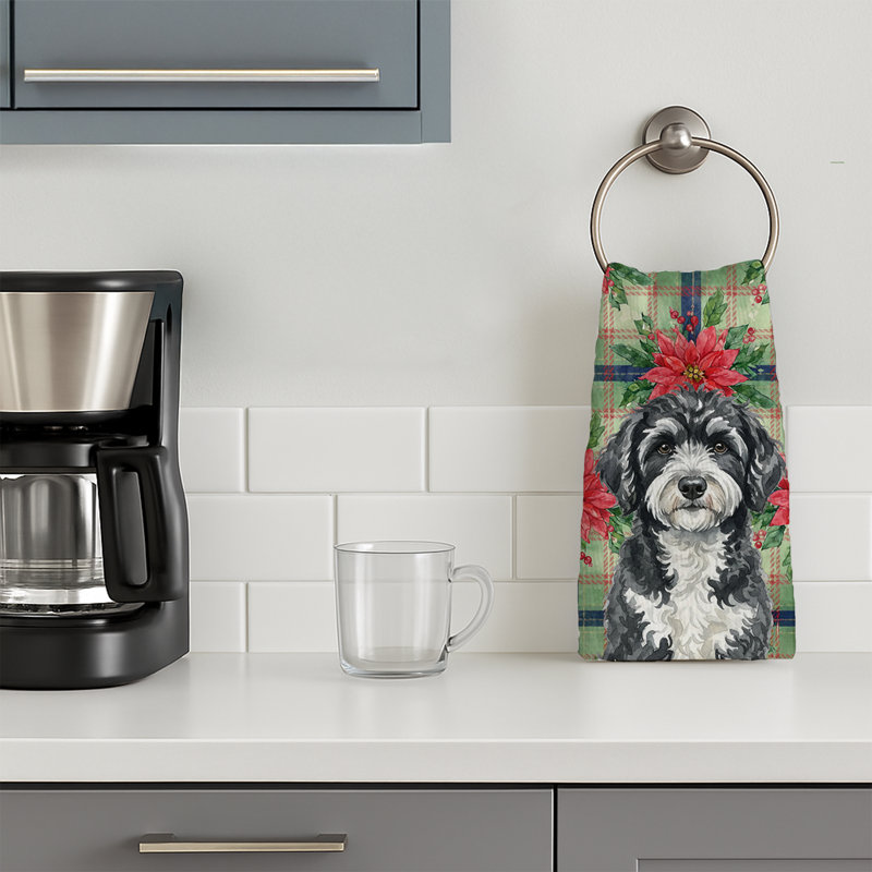 Portuguese Water Dog Christmas PoinsettIas Kitchen Towel, Black/White Portuguese Water Dog