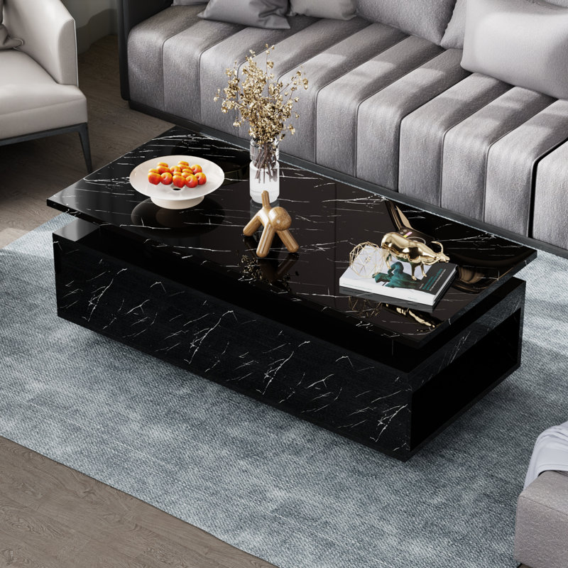 47'' Modern Smart Marble Coffee Table With Charging Station, Black