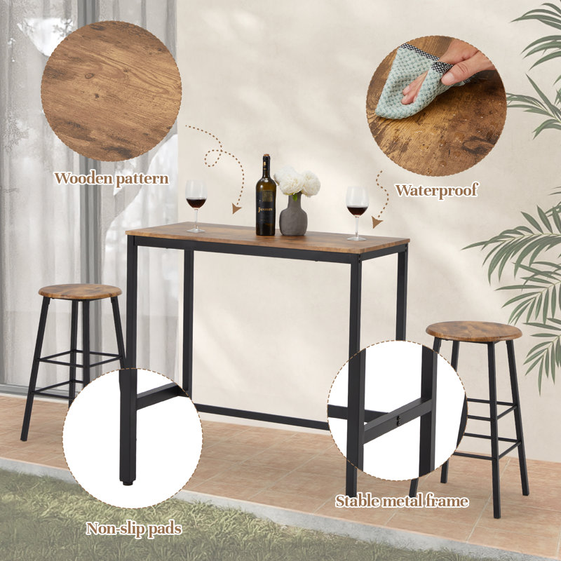  3 - Piece Dining Set, Rectangular Bar Table Set, Brown