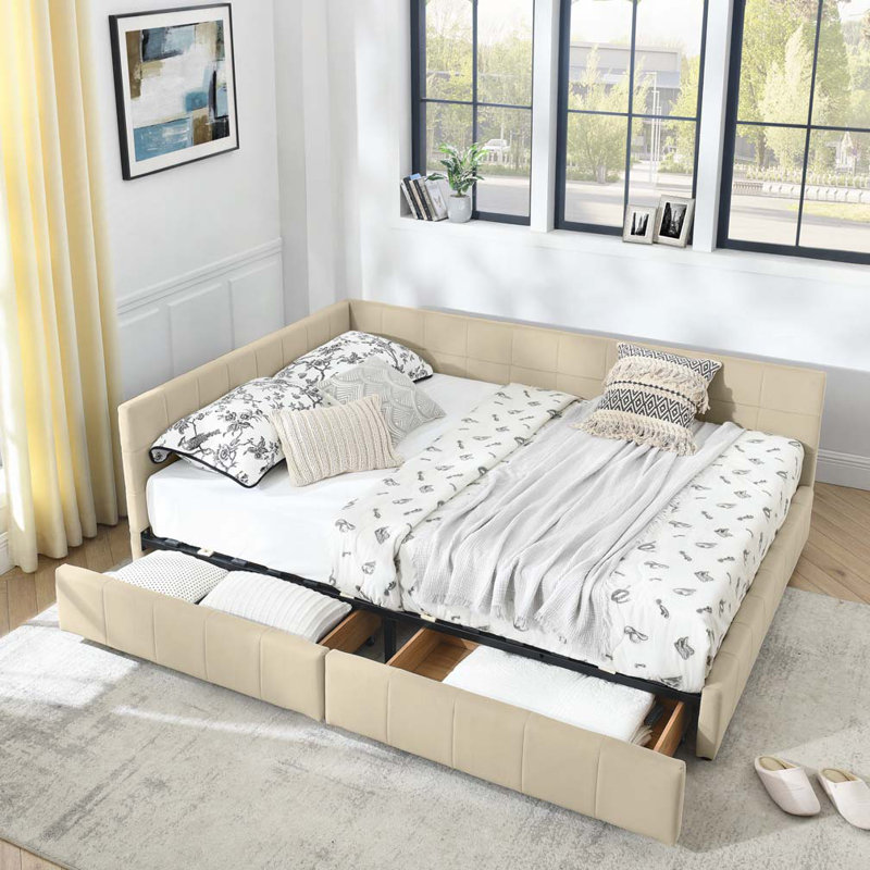 Lit de jour en velours avec rangement, Beige, Grand lit