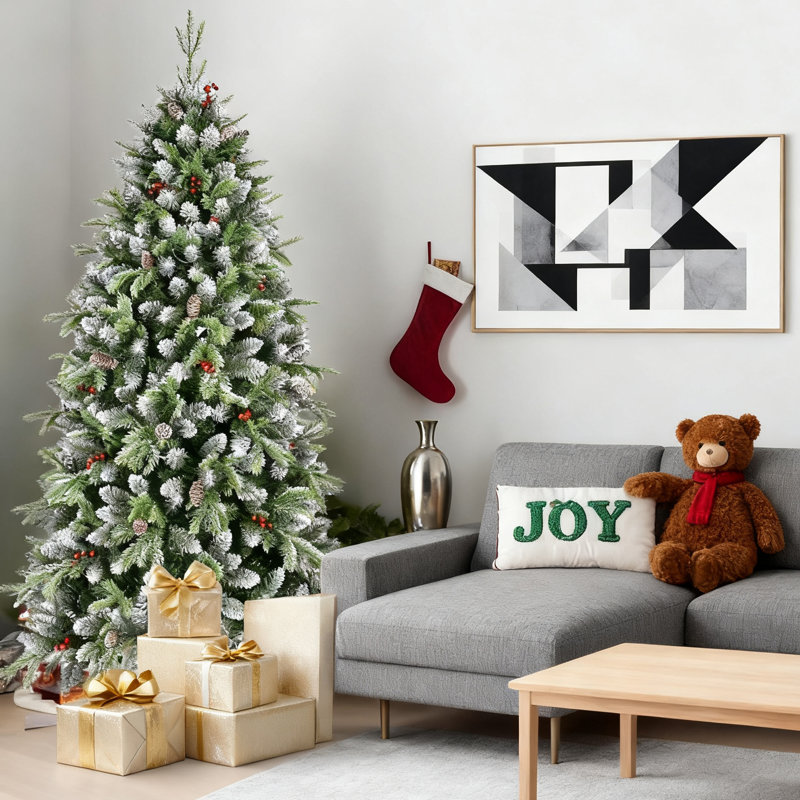 Pre-Lit Flocked Artificial Christmas Tree with Pinecones & Red Berries - Warm White Lights for Rustic Festive Elegance