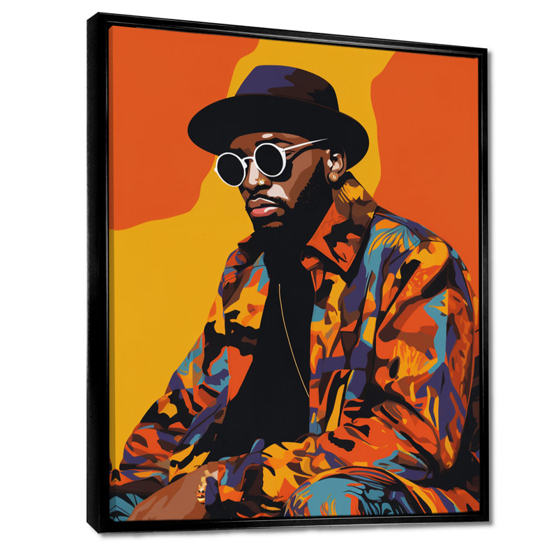 «90S Cool Man» avec chapeau et lunettes de soleil - mode homme, décoration murale, Toile avec cadre flottant noir