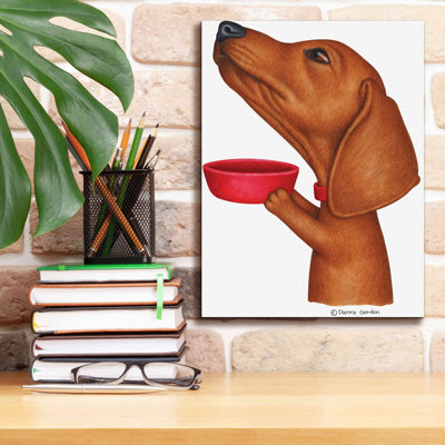'Brown Dachshund Holding Red Bowl' by Danny Gordon Art, Canvas Wall Art