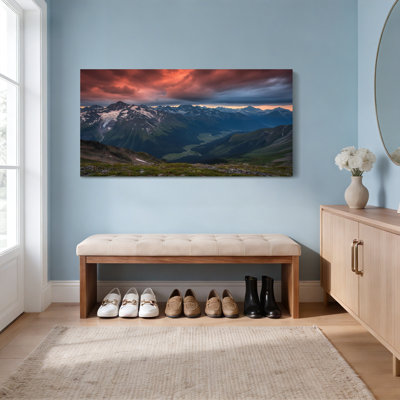 Ensemble de 1 tableau sur toile tendue représentant un coucher de soleil sur un paysage de montagne
