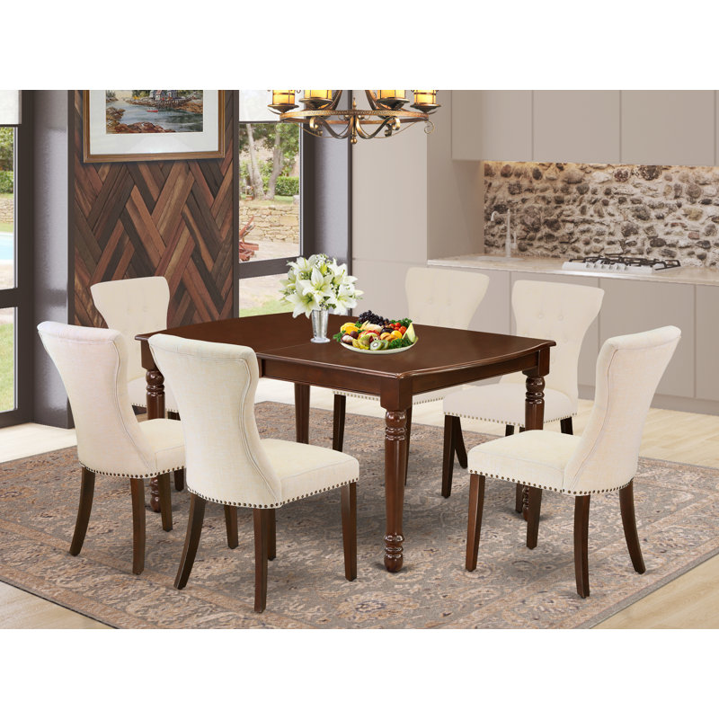 7 Piece Dining Table Set Consist of a Rectangle Table with Butterfly Leaf and 6 Light Beige Linen Fabric Upholstered Chairs, Mahogany