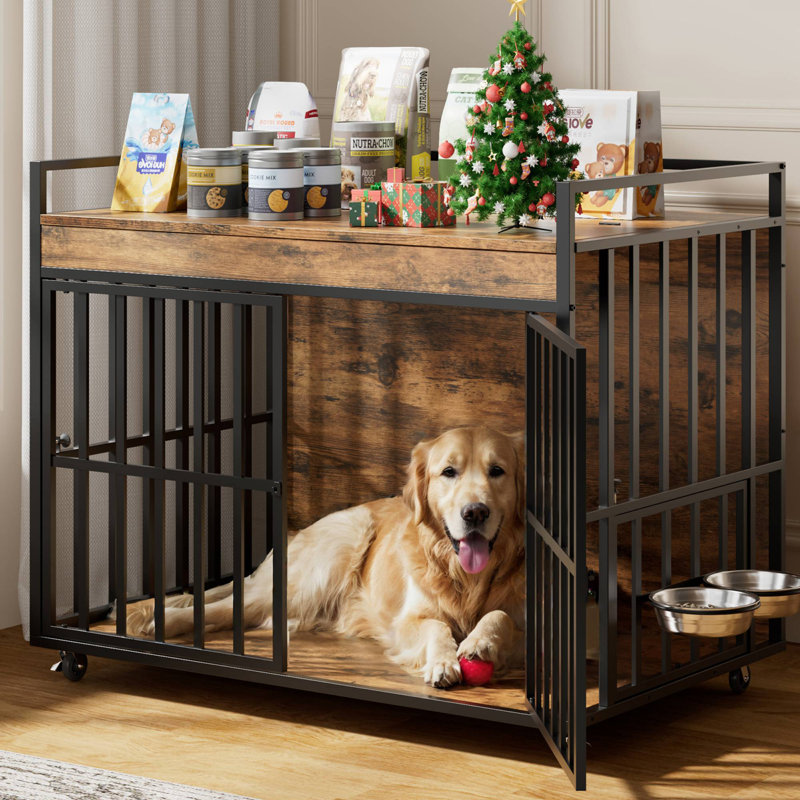 Dog Crate Furniture Style, Heavy Duty Dog Kennel with Wheels & Bowls, Decorative Dog House for Large Dogs