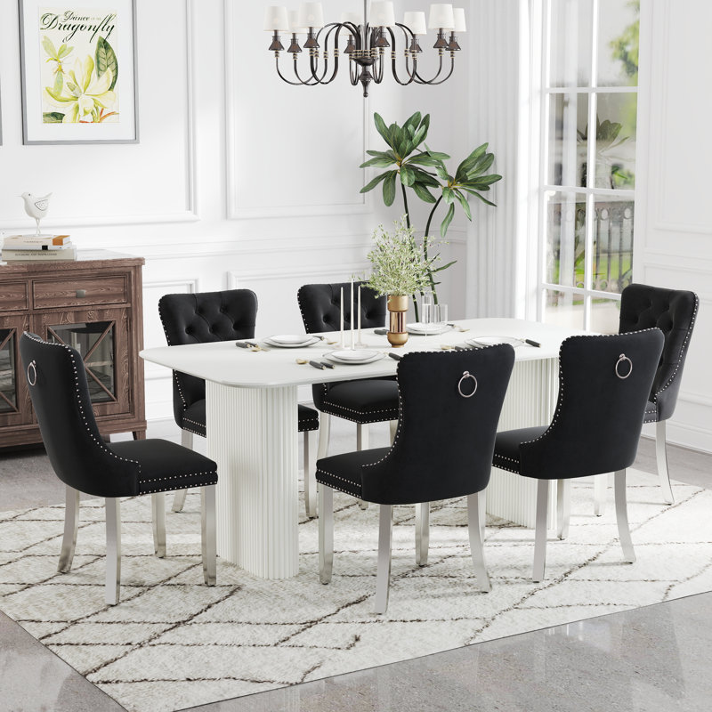 Ensemble de salle à manger rectangulaire en bois avec chaise capitonnée, Noir, 7, Blanc
