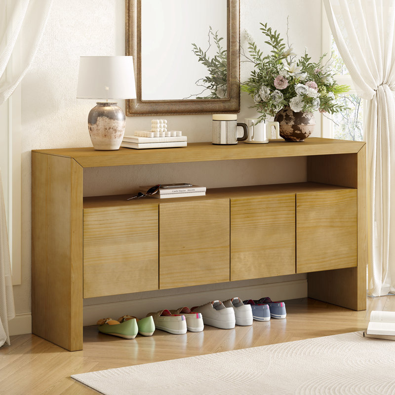 Armoire de rangement rétro à 4 portes avec tablette ouverte, Naturel